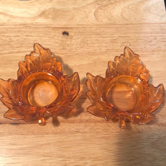 2 Orange Brownish Leaves Glass Tealight Holders - Picture 1 of 2